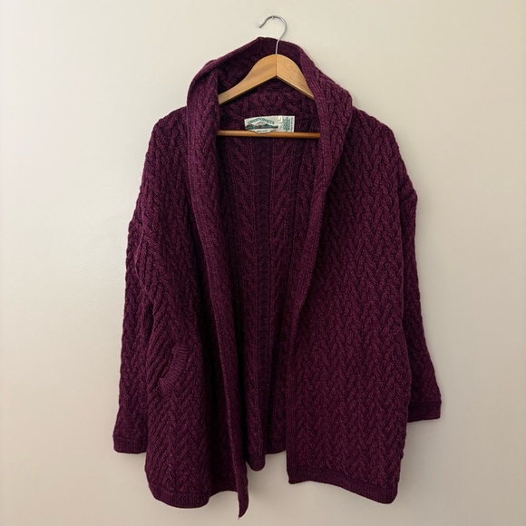 Aran Crafts 100% Merino Wool Open Front Knit Cardigan with Hood Size L Mulberry - Picture 8 of 8
